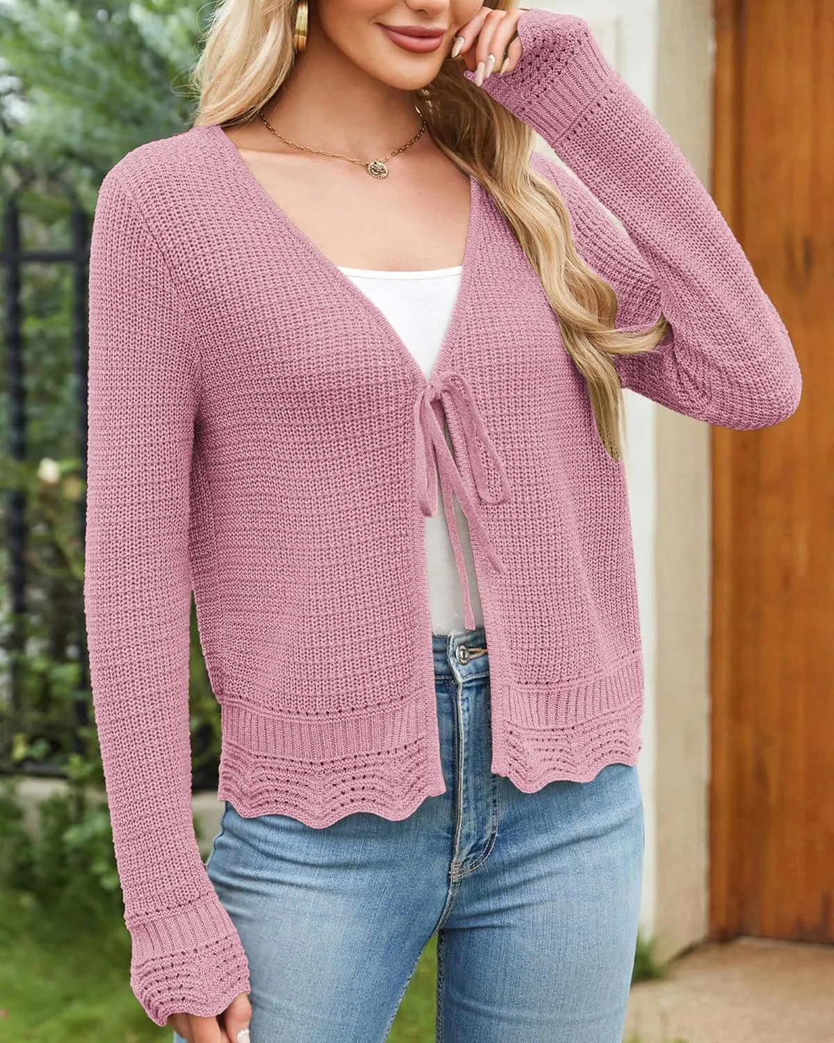 GRACE KARIN Women's Long Sleeve Cardigan Tie Front V Neck Crochet Lightweight Shrug Sweaters for Dresses Knit Top