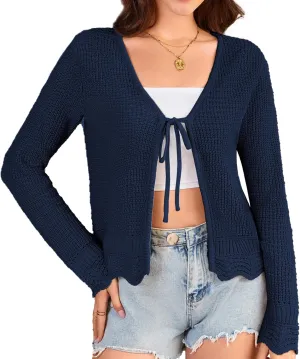 GRACE KARIN Women's Long Sleeve Cardigan Tie Front V Neck Crochet Lightweight Shrug Sweaters for Dresses Knit Top