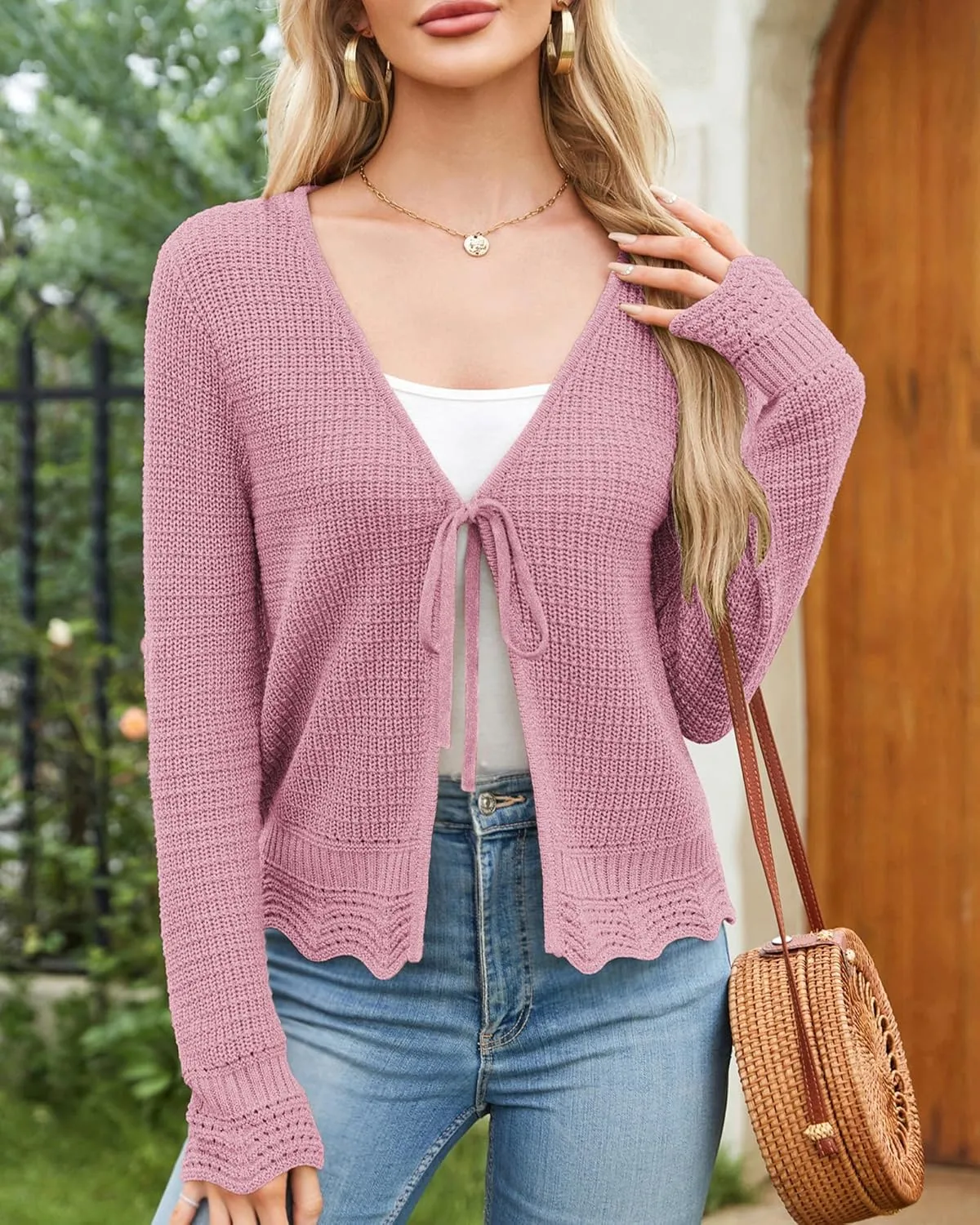 GRACE KARIN Women's Long Sleeve Cardigan Tie Front V Neck Crochet Lightweight Shrug Sweaters for Dresses Knit Top