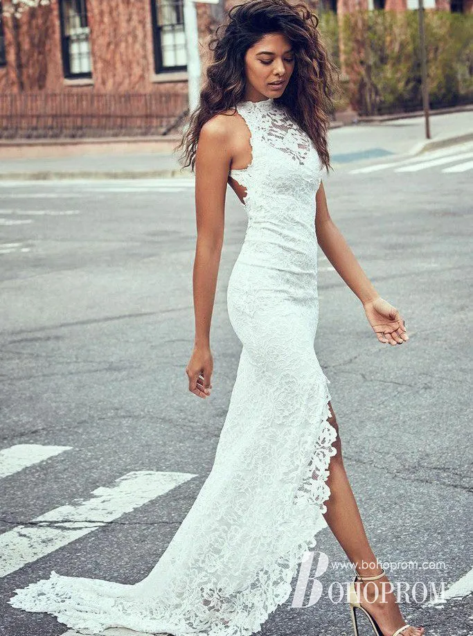 Graceful Lace Jewel Neckline Chapel Train Sheath Wedding Dresses WD137