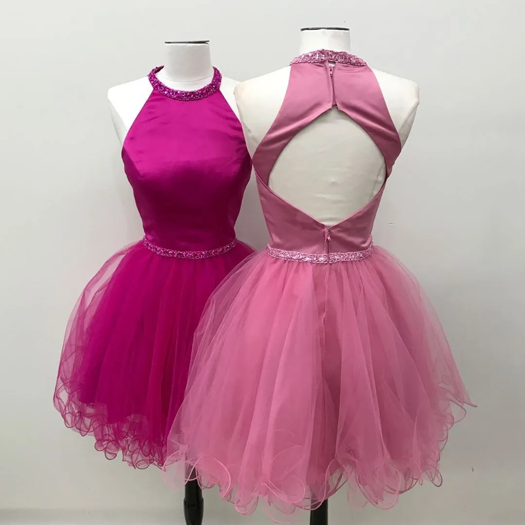 Graceful Satin & Tulle Jewel Neckline A-line Homecoming Dresses HD214