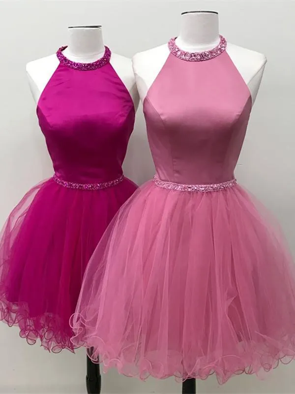 Graceful Satin & Tulle Jewel Neckline A-line Homecoming Dresses HD214