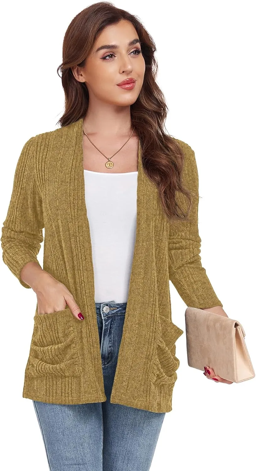 GRECERELLE Womens 2024 Long Sleeve Lightweight Open Front Casual Cardigan Sweaters Outerwear with Pockets