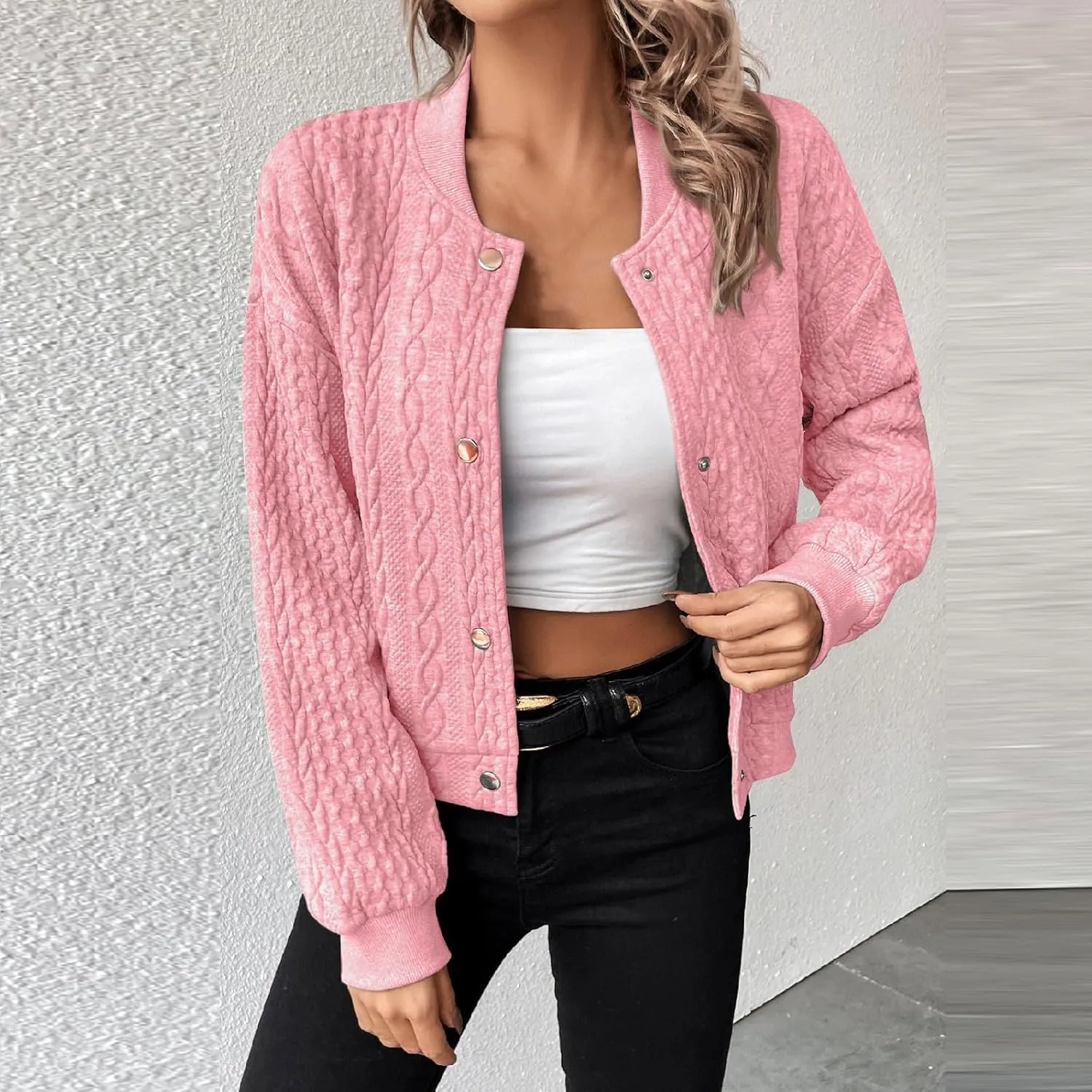 Gumipy Cardigan Sweaters for Women Jacquard Knit Botton Down Cropped Jacket Y2K Long Sleeve Oversized Sweatshirt with Pockets