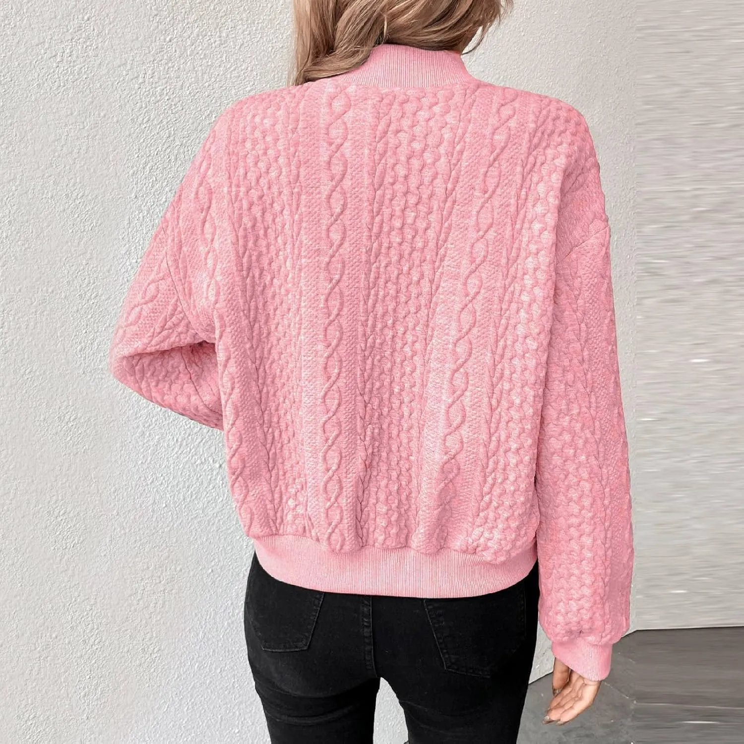 Gumipy Cardigan Sweaters for Women Jacquard Knit Botton Down Cropped Jacket Y2K Long Sleeve Oversized Sweatshirt with Pockets