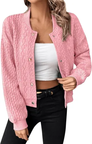 Gumipy Cardigan Sweaters for Women Jacquard Knit Botton Down Cropped Jacket Y2K Long Sleeve Oversized Sweatshirt with Pockets
