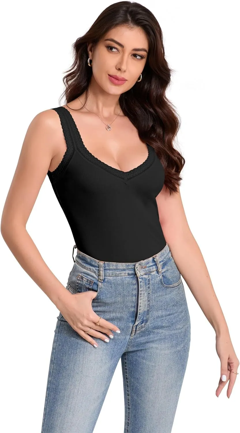 H HIAMIGOS Camisole V and Square Neck Tank Top Lace Trim Ribbed Undershirt for Women Cute Cami