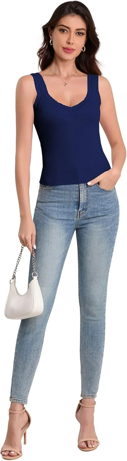 H HIAMIGOS Camisole V and Square Neck Tank Top Lace Trim Ribbed Undershirt for Women Cute Cami