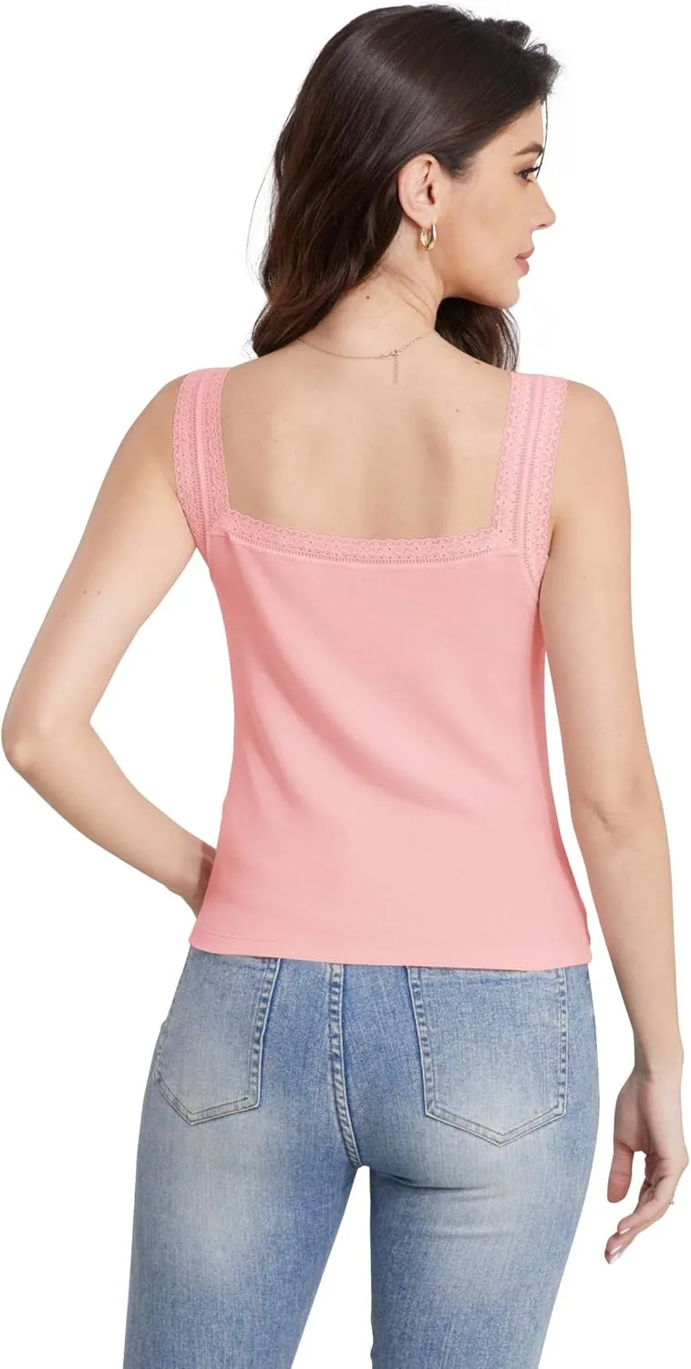 H HIAMIGOS Camisole V and Square Neck Tank Top Lace Trim Ribbed Undershirt for Women Cute Cami