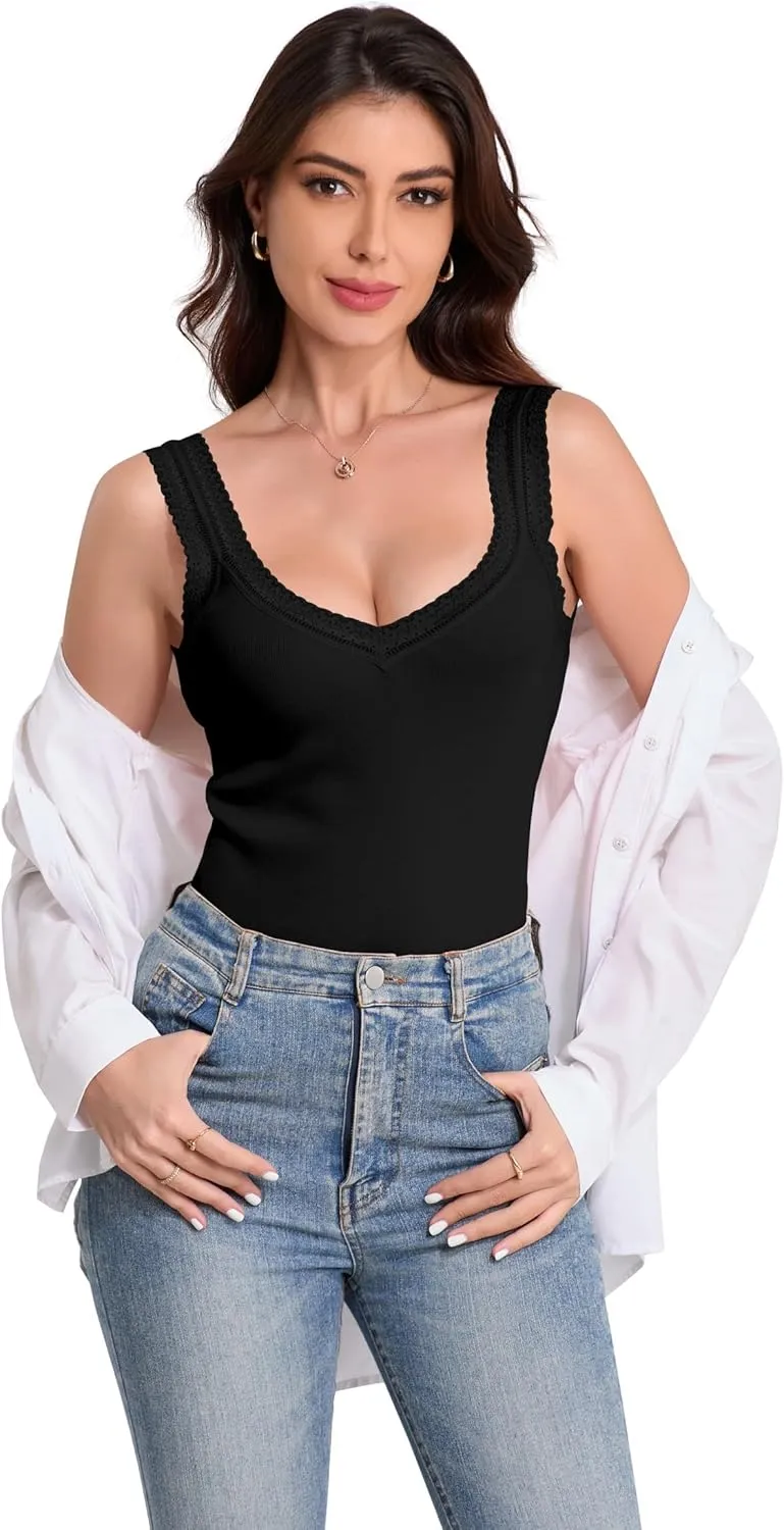 H HIAMIGOS Camisole V and Square Neck Tank Top Lace Trim Ribbed Undershirt for Women Cute Cami