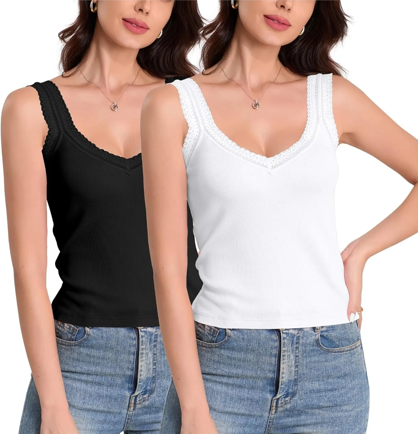 H HIAMIGOS Camisole V and Square Neck Tank Top Lace Trim Ribbed Undershirt for Women Cute Cami
