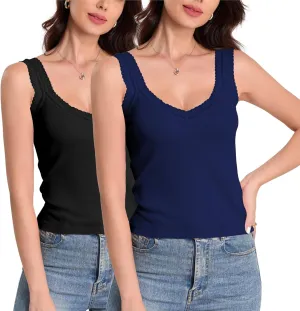 H HIAMIGOS Camisole V and Square Neck Tank Top Lace Trim Ribbed Undershirt for Women Cute Cami