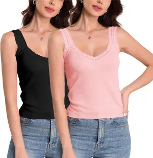 H HIAMIGOS Camisole V and Square Neck Tank Top Lace Trim Ribbed Undershirt for Women Cute Cami