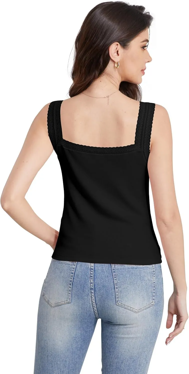 H HIAMIGOS Camisole V and Square Neck Tank Top Lace Trim Ribbed Undershirt for Women Cute Cami
