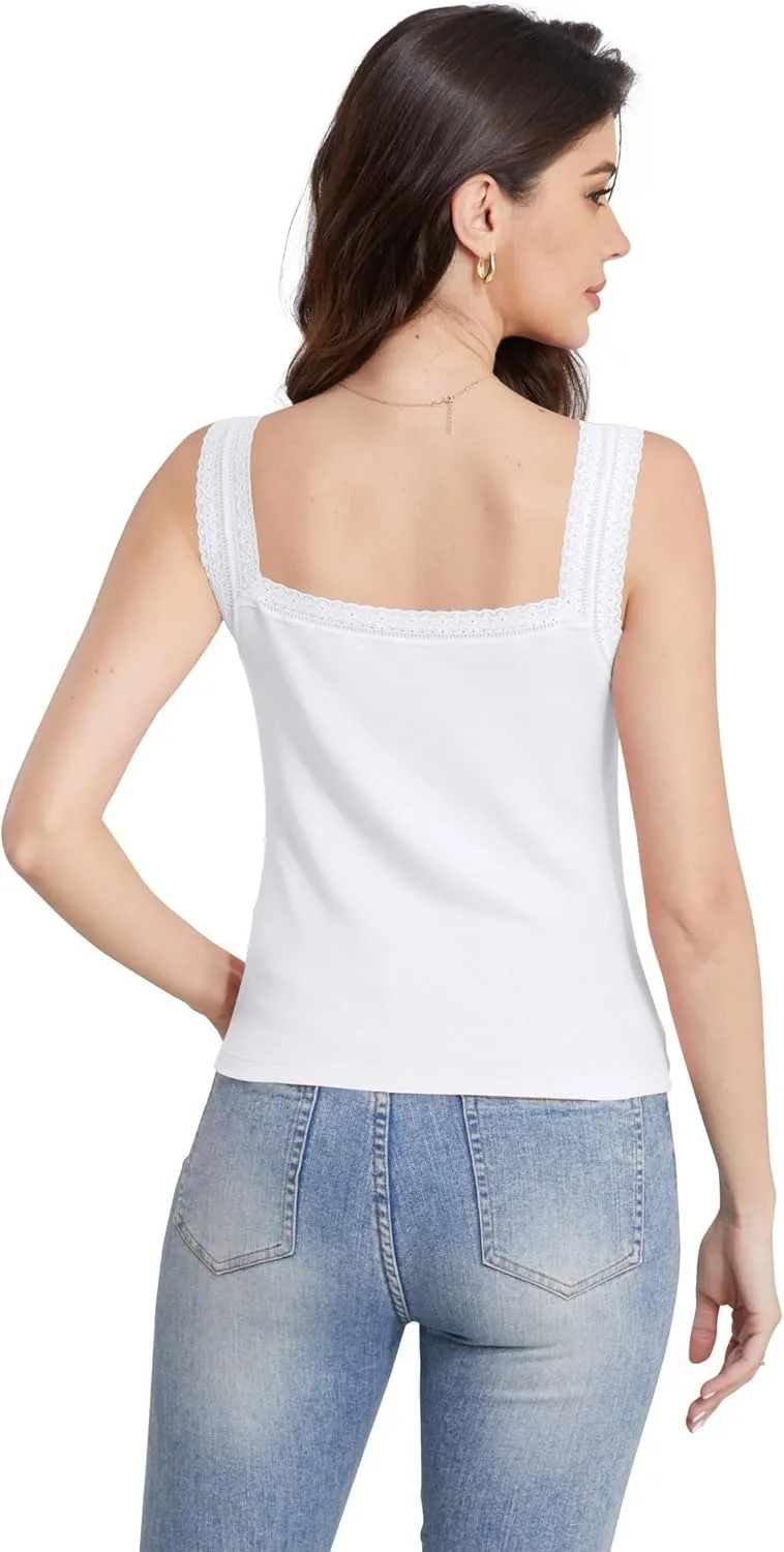 H HIAMIGOS Camisole V and Square Neck Tank Top Lace Trim Ribbed Undershirt for Women Cute Cami