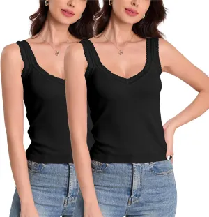 H HIAMIGOS Camisole V and Square Neck Tank Top Lace Trim Ribbed Undershirt for Women Cute Cami