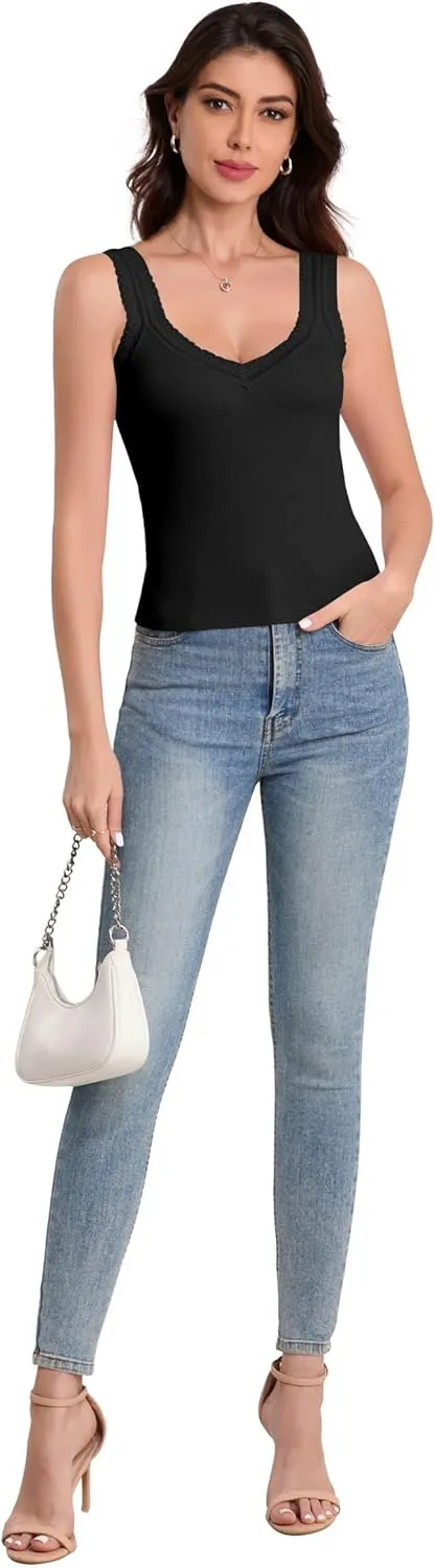 H HIAMIGOS Camisole V and Square Neck Tank Top Lace Trim Ribbed Undershirt for Women Cute Cami
