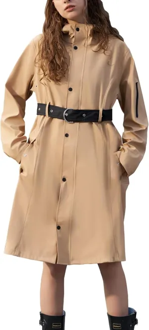 HALO RAIN Women's Single Breasted Long Trench Coat Windproof Raincoat Outerwear Lightweight Windbreaker with Blet & Hood