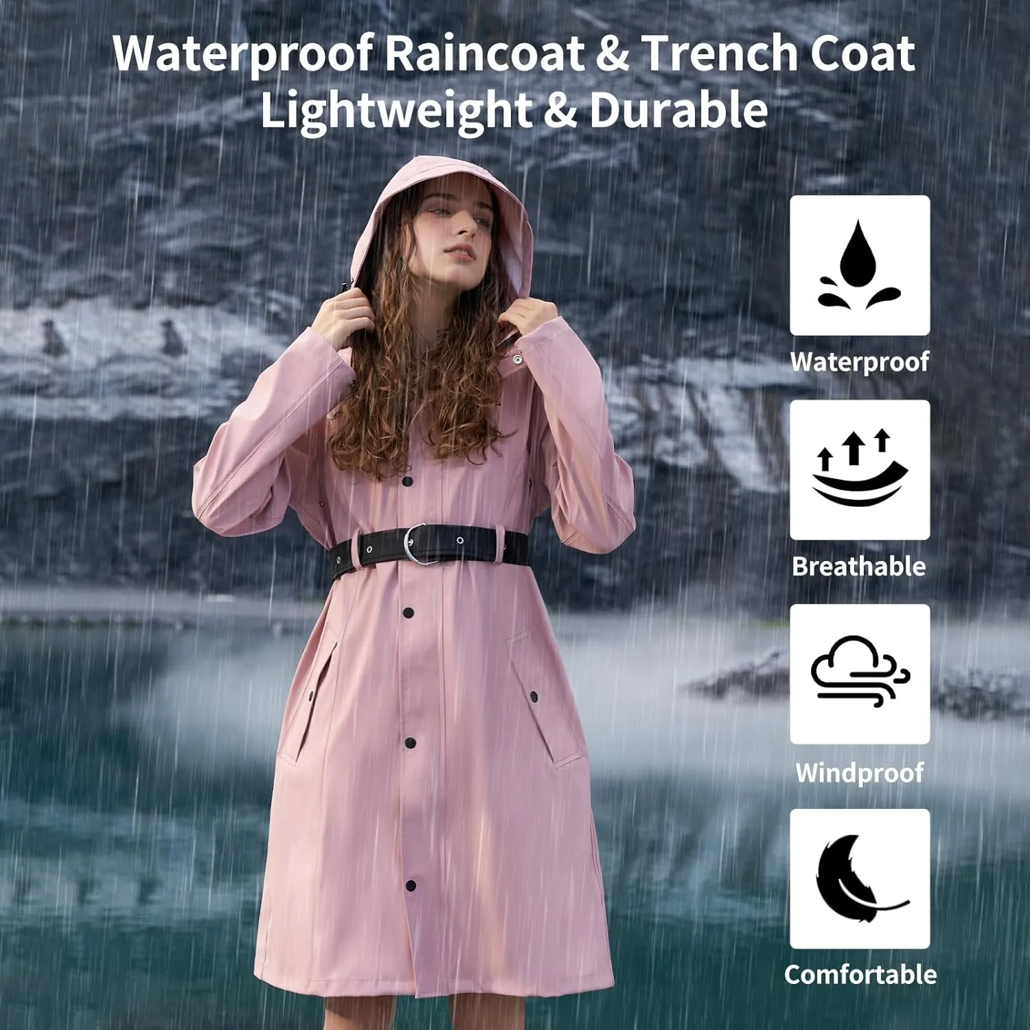 HALO RAIN Women's Single Breasted Long Trench Coat Windproof Raincoat Outerwear Lightweight Windbreaker with Blet & Hood