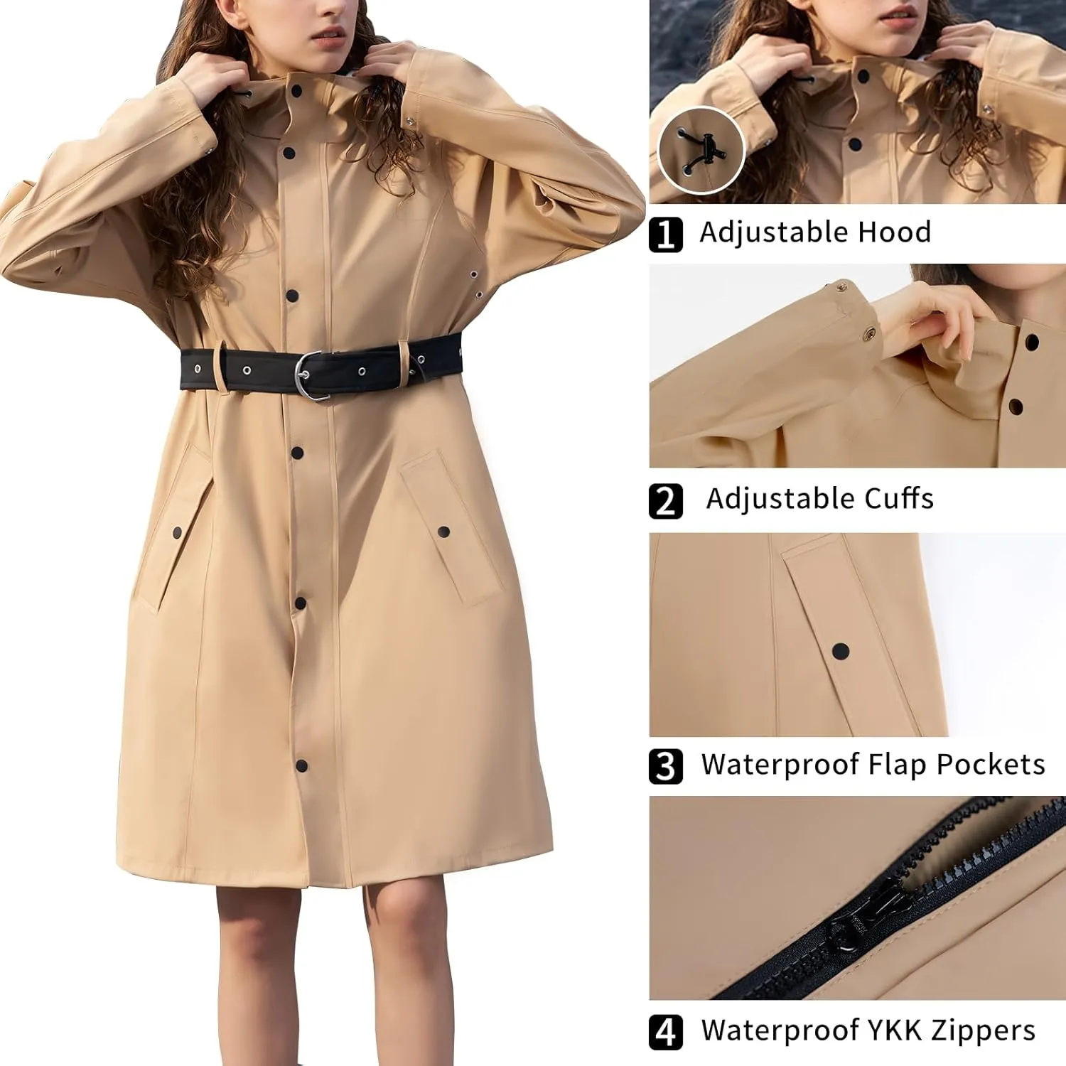 HALO RAIN Women's Single Breasted Long Trench Coat Windproof Raincoat Outerwear Lightweight Windbreaker with Blet & Hood