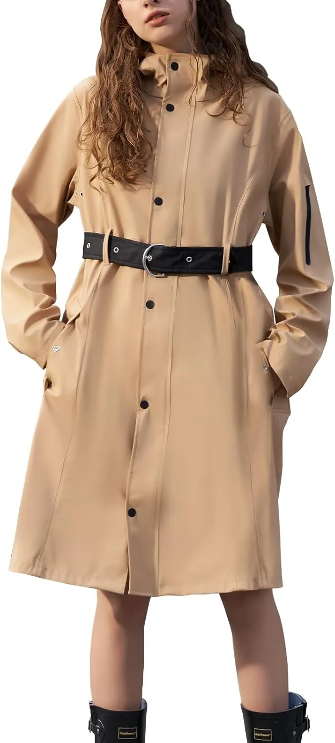 HALO RAIN Women's Single Breasted Long Trench Coat Windproof Raincoat Outerwear Lightweight Windbreaker with Blet & Hood
