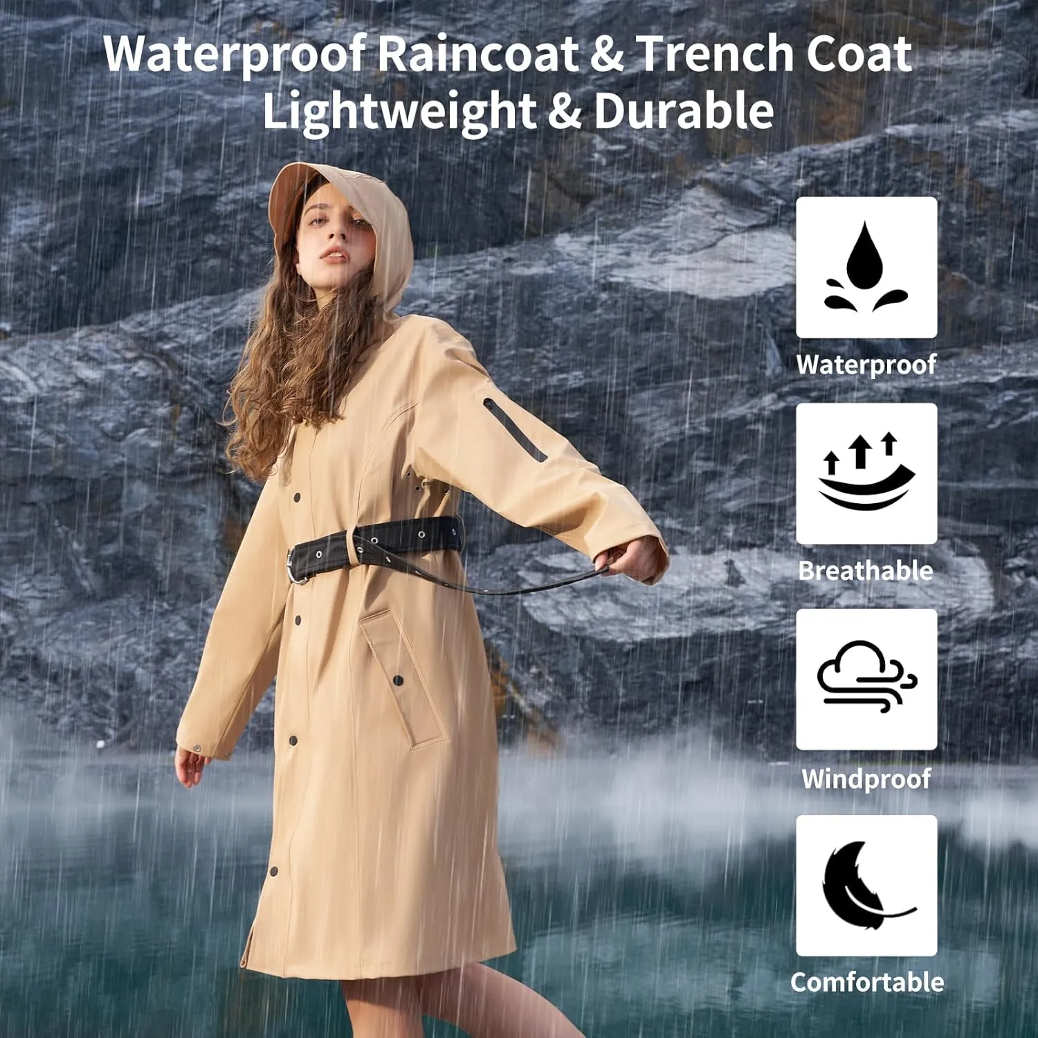 HALO RAIN Women's Single Breasted Long Trench Coat Windproof Raincoat Outerwear Lightweight Windbreaker with Blet & Hood
