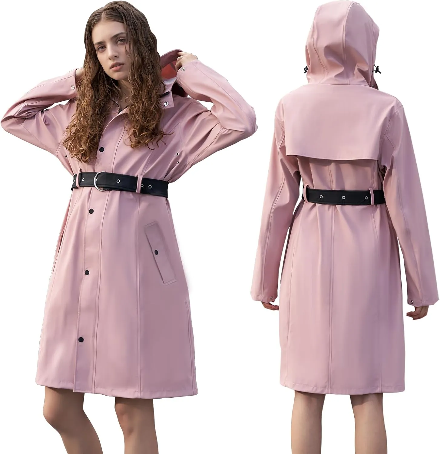 HALO RAIN Women's Single Breasted Long Trench Coat Windproof Raincoat Outerwear Lightweight Windbreaker with Blet & Hood