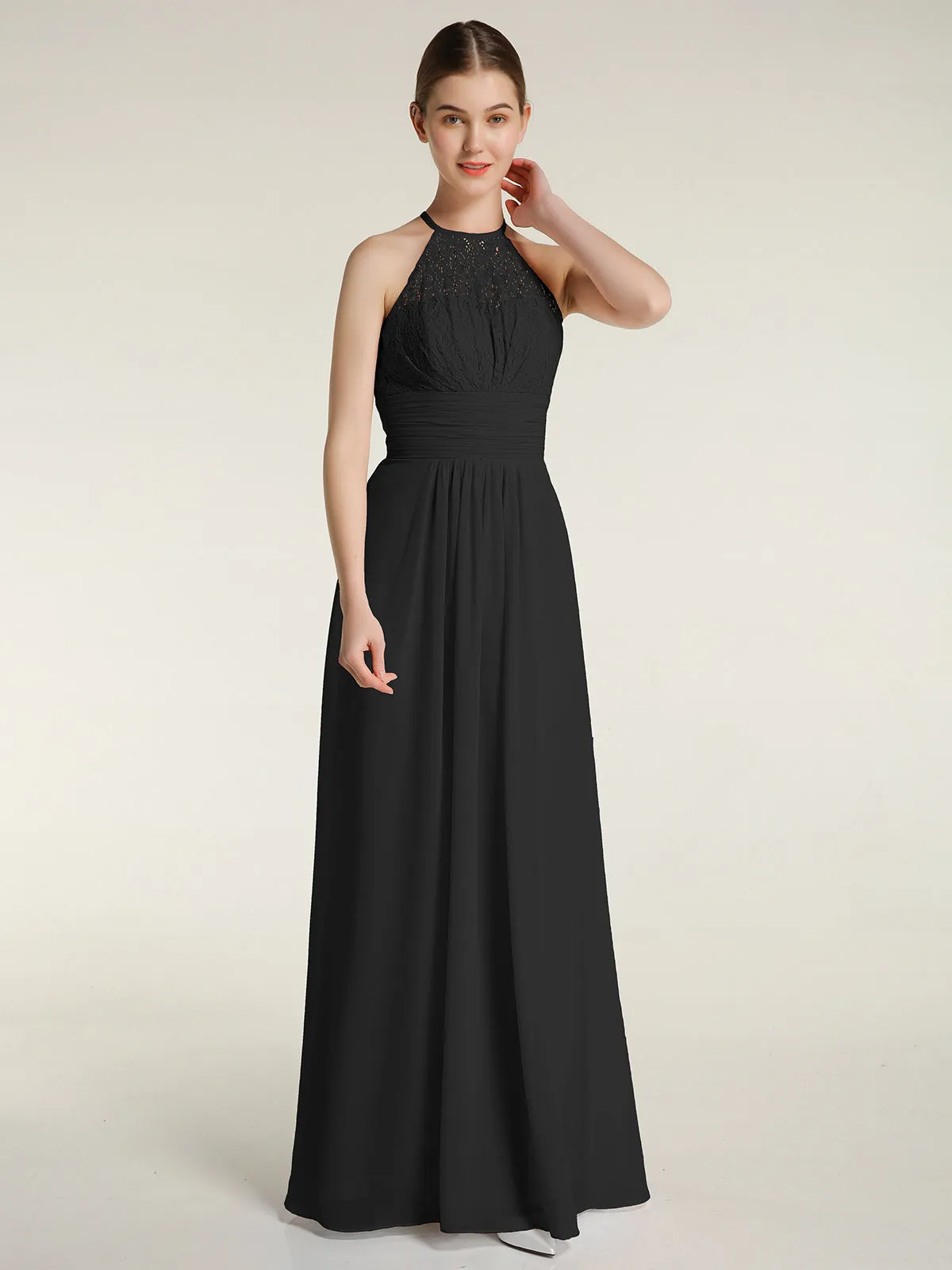 Halter Chiffon And Lace Long Dresses Black