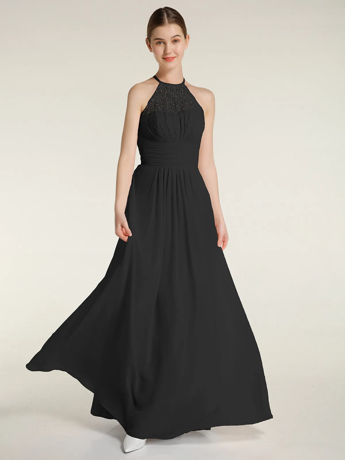 Halter Chiffon And Lace Long Dresses Black