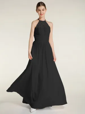 Halter Chiffon And Lace Long Dresses Black
