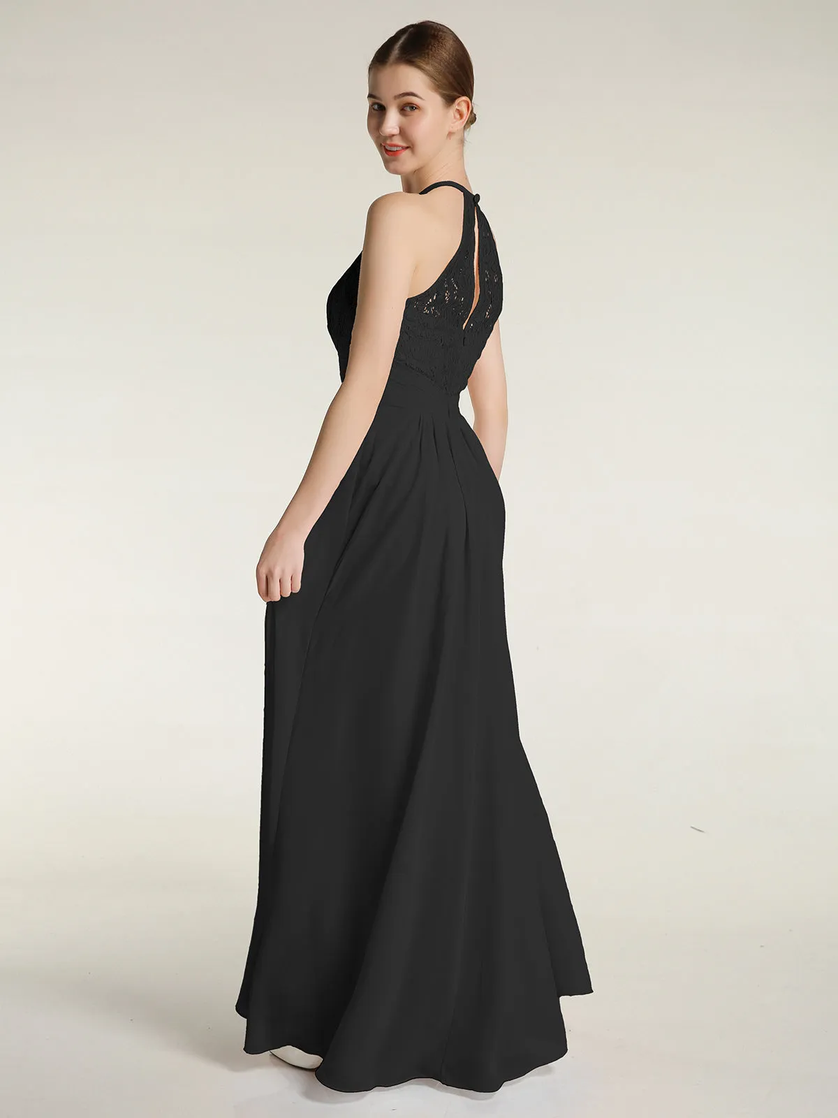 Halter Chiffon And Lace Long Dresses Black