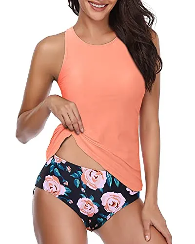 Halter Tankini Swimsuits For Women With Deep Scoop Back And Shorts-Coral Pink Floral