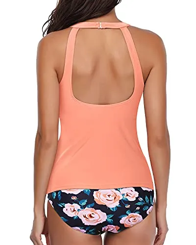 Halter Tankini Swimsuits For Women With Deep Scoop Back And Shorts-Coral Pink Floral
