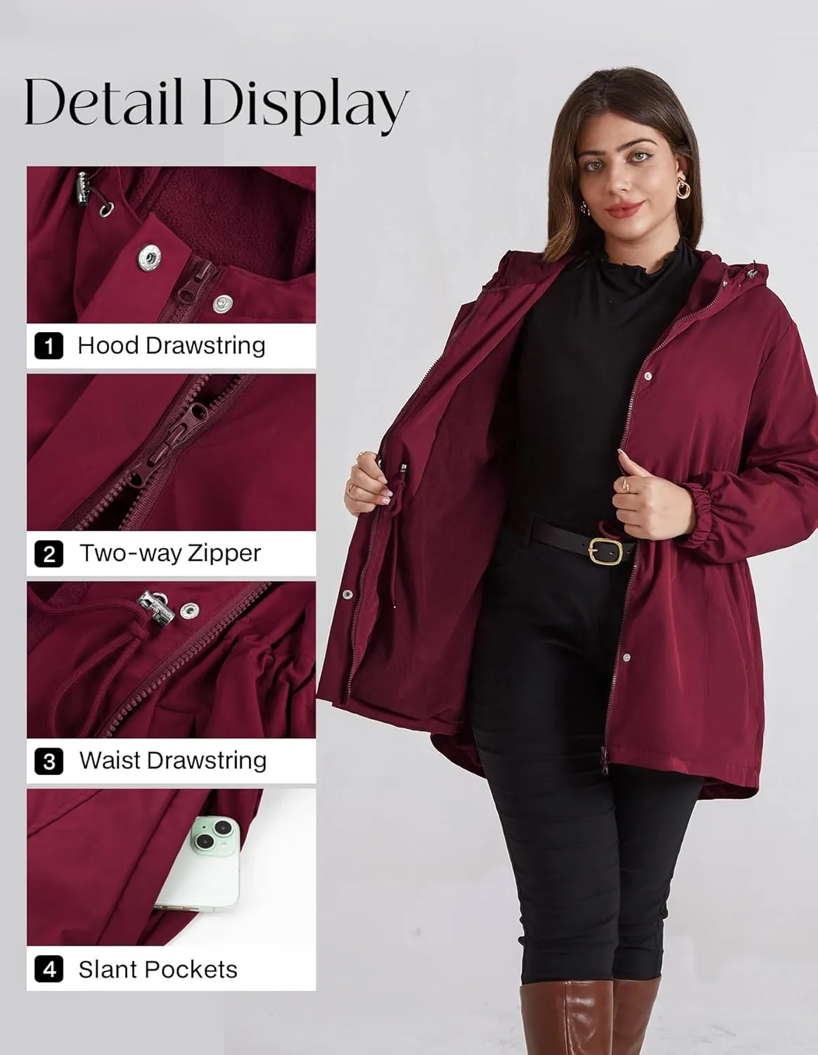 Hanna Nikole Women's Long Rain Jacket Plus Size Fleece Lined Waterproof Hooded Rain Coat Lightweight Pockets Windbreaker Trip