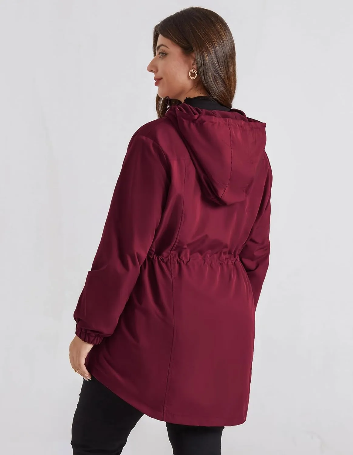 Hanna Nikole Women's Long Rain Jacket Plus Size Fleece Lined Waterproof Hooded Rain Coat Lightweight Pockets Windbreaker Trip