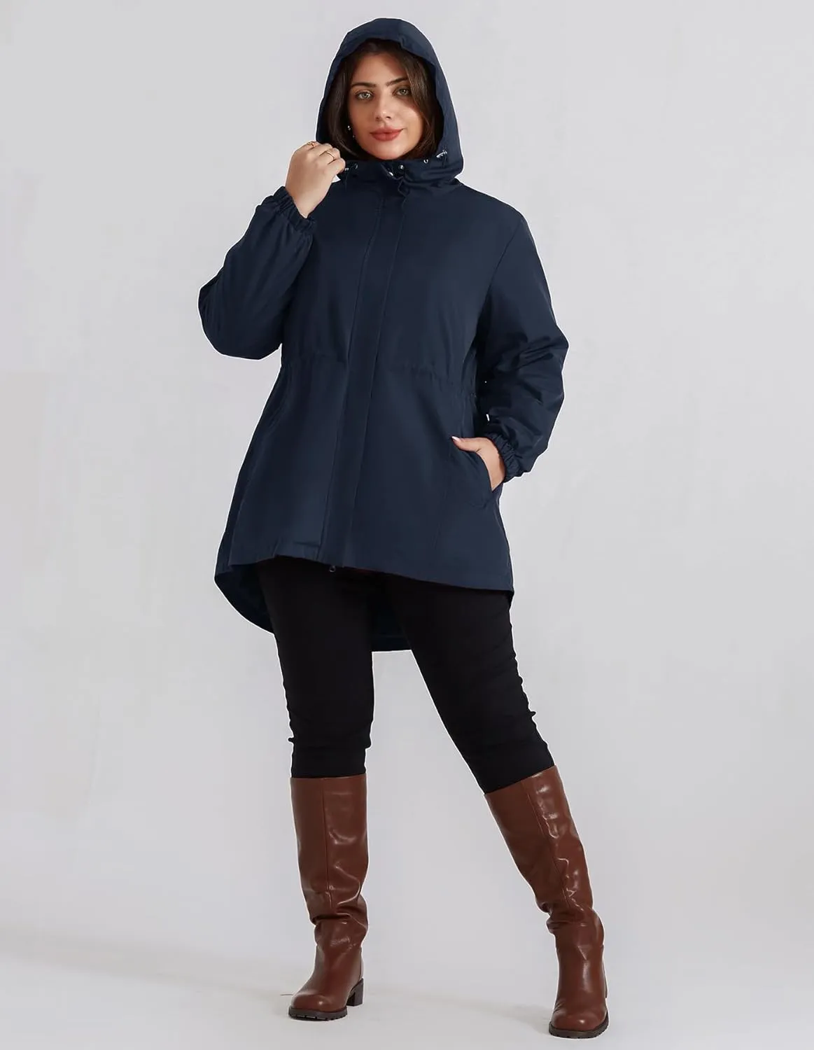 Hanna Nikole Women's Long Rain Jacket Plus Size Fleece Lined Waterproof Hooded Rain Coat Lightweight Pockets Windbreaker Trip