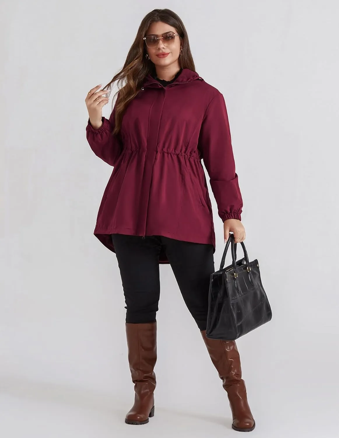 Hanna Nikole Women's Long Rain Jacket Plus Size Fleece Lined Waterproof Hooded Rain Coat Lightweight Pockets Windbreaker Trip