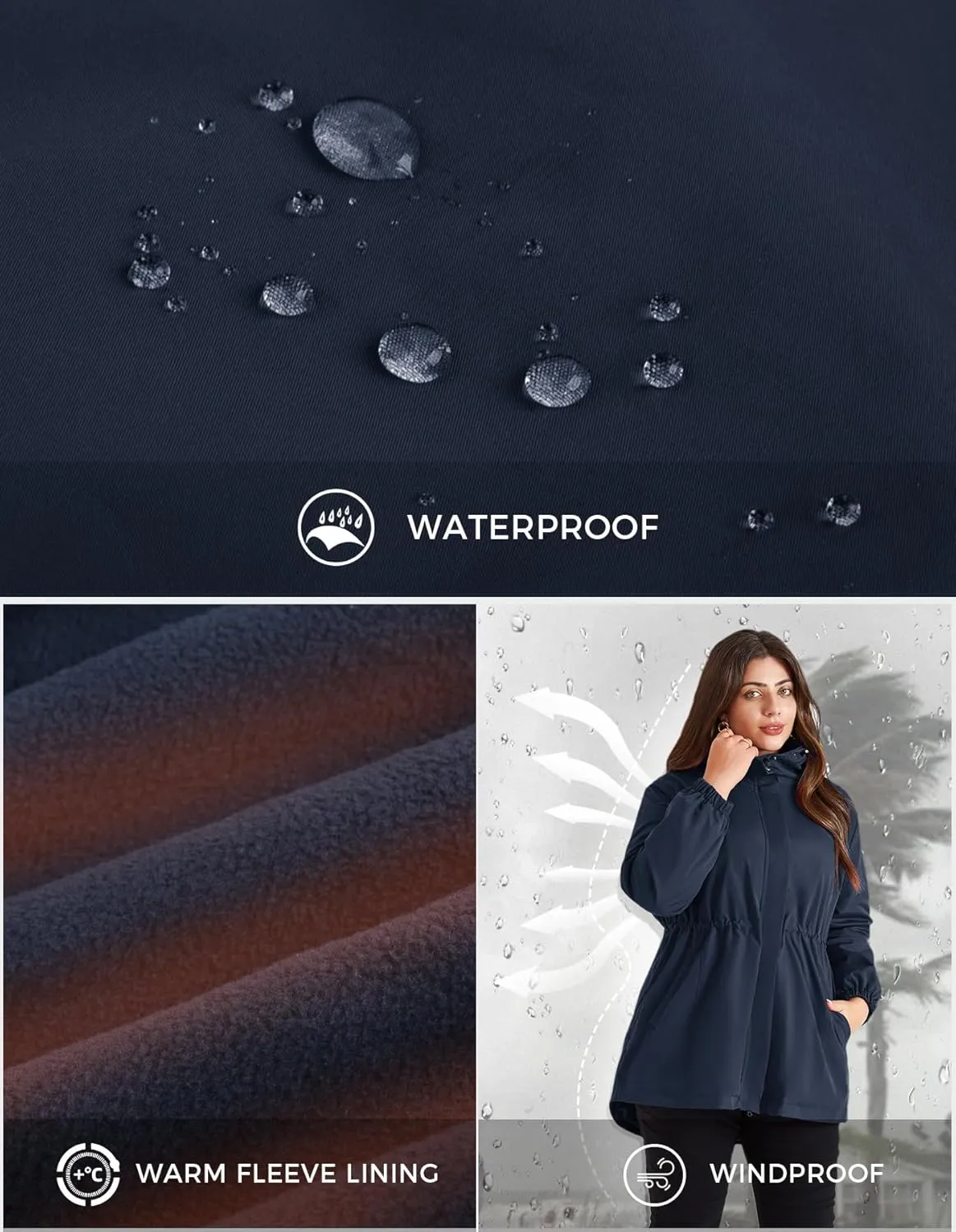 Hanna Nikole Women's Long Rain Jacket Plus Size Fleece Lined Waterproof Hooded Rain Coat Lightweight Pockets Windbreaker Trip
