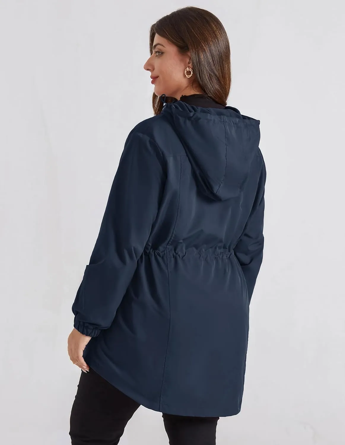 Hanna Nikole Women's Long Rain Jacket Plus Size Fleece Lined Waterproof Hooded Rain Coat Lightweight Pockets Windbreaker Trip