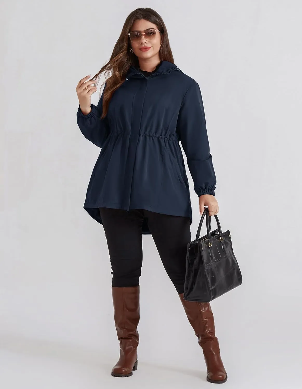 Hanna Nikole Women's Long Rain Jacket Plus Size Fleece Lined Waterproof Hooded Rain Coat Lightweight Pockets Windbreaker Trip