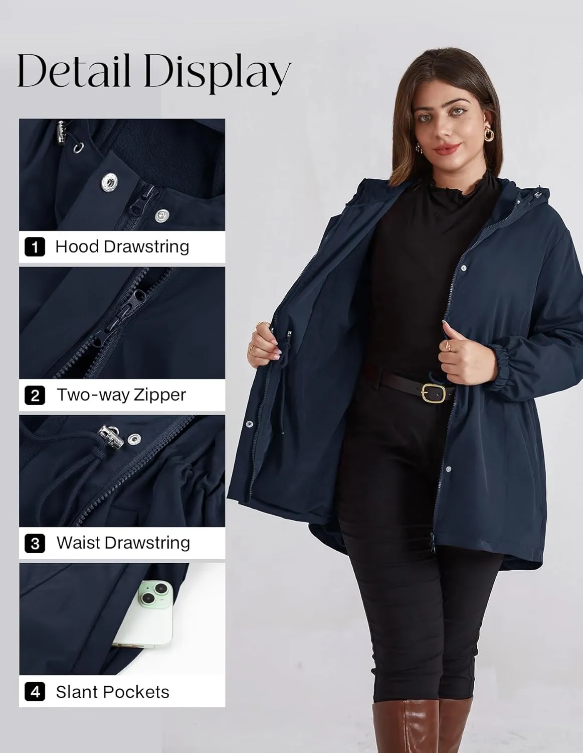 Hanna Nikole Women's Long Rain Jacket Plus Size Fleece Lined Waterproof Hooded Rain Coat Lightweight Pockets Windbreaker Trip