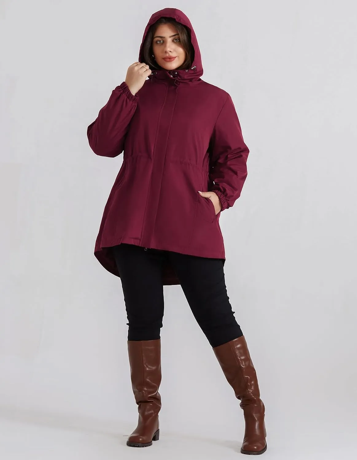 Hanna Nikole Women's Long Rain Jacket Plus Size Fleece Lined Waterproof Hooded Rain Coat Lightweight Pockets Windbreaker Trip