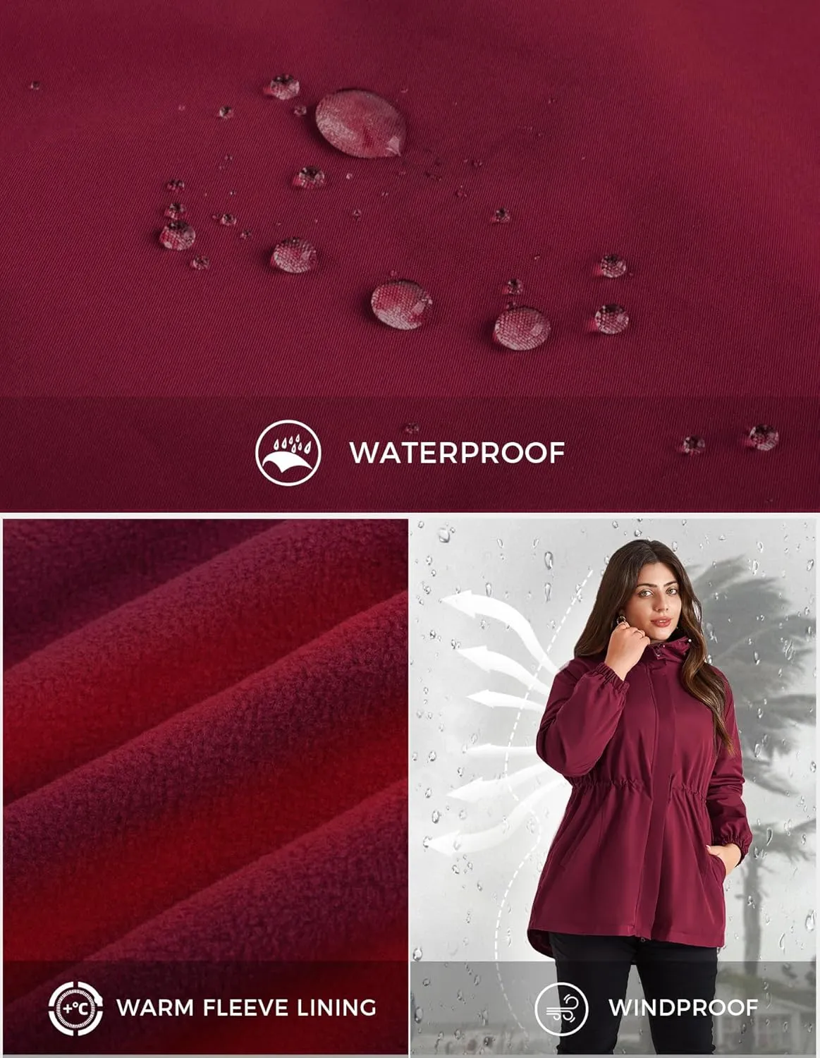 Hanna Nikole Women's Long Rain Jacket Plus Size Fleece Lined Waterproof Hooded Rain Coat Lightweight Pockets Windbreaker Trip