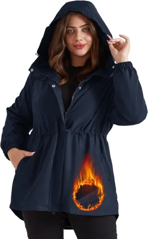 Hanna Nikole Women's Long Rain Jacket Plus Size Fleece Lined Waterproof Hooded Rain Coat Lightweight Pockets Windbreaker Trip