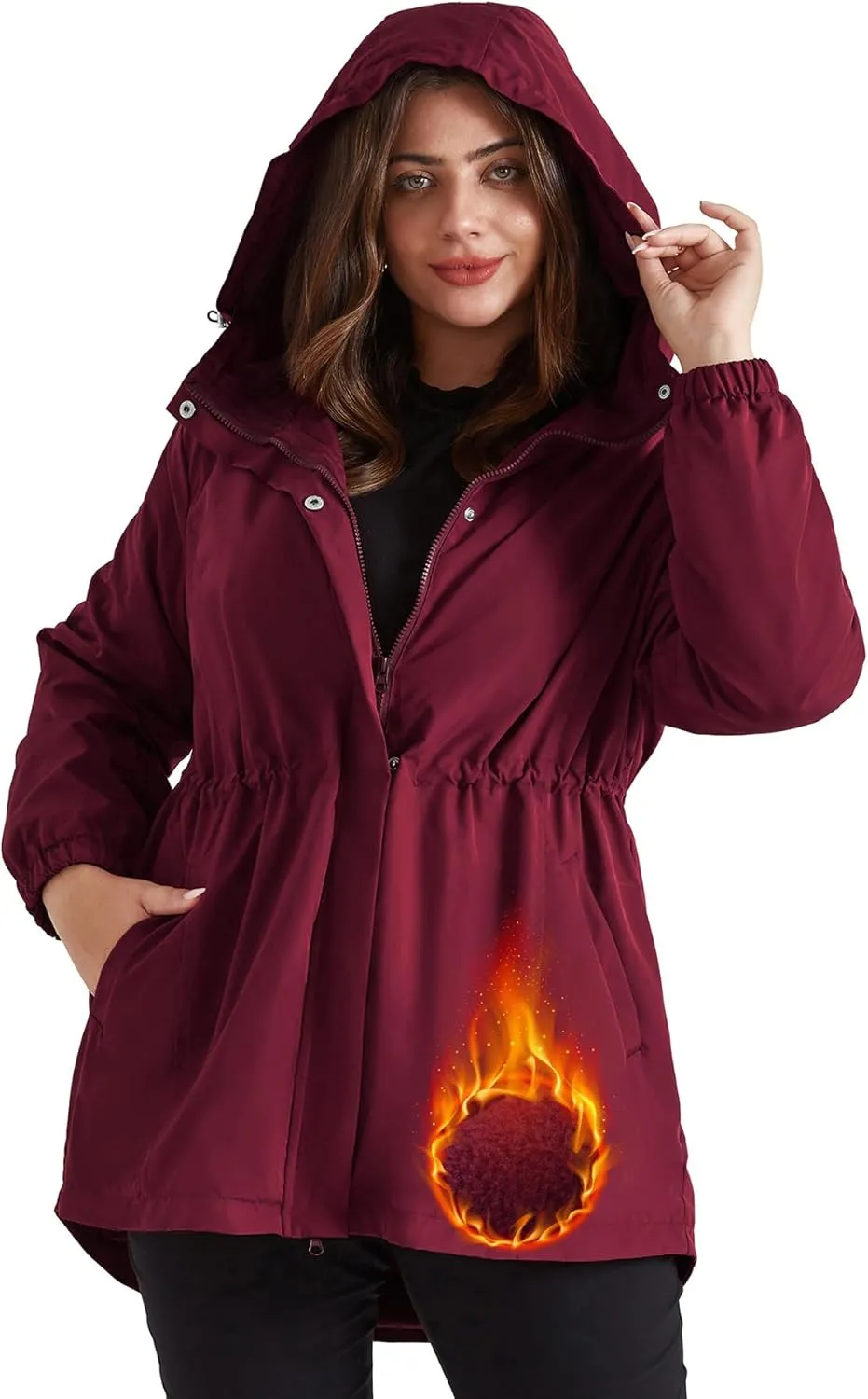 Hanna Nikole Women's Long Rain Jacket Plus Size Fleece Lined Waterproof Hooded Rain Coat Lightweight Pockets Windbreaker Trip