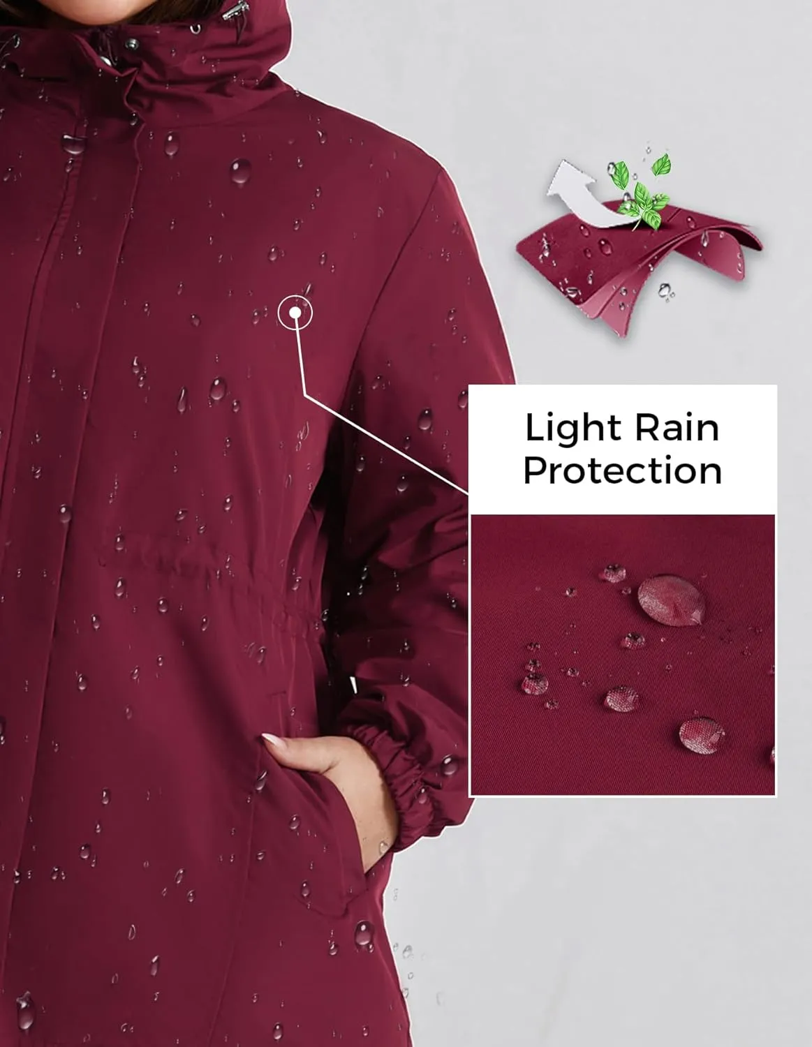 Hanna Nikole Women's Long Rain Jacket Plus Size Fleece Lined Waterproof Hooded Rain Coat Lightweight Pockets Windbreaker Trip