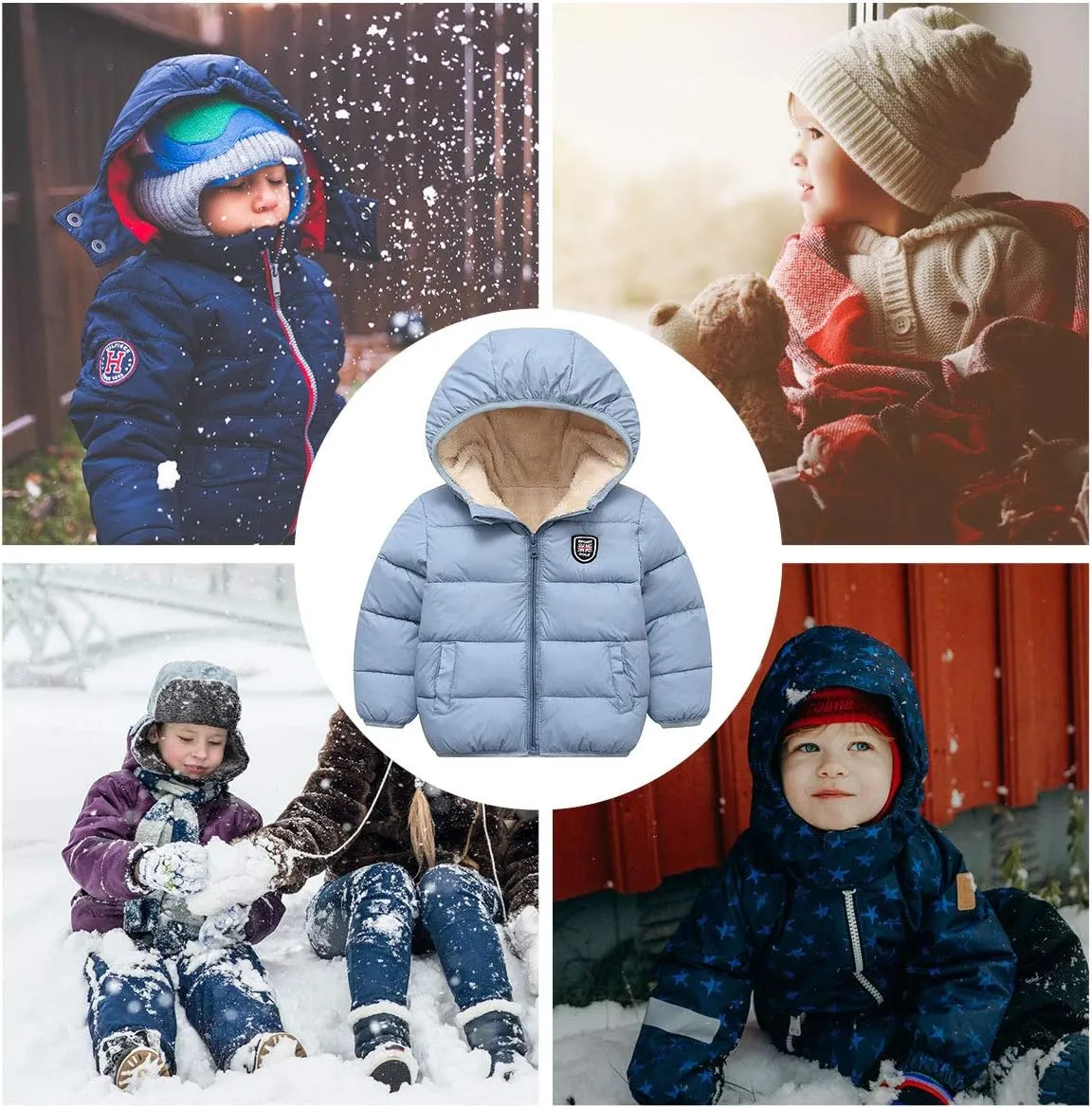Happy Cherry Boys Girls Hooded Down Jacket Winter Warm Fleece Coat Windproof Zipper Puffer Outerwear 2T-6T