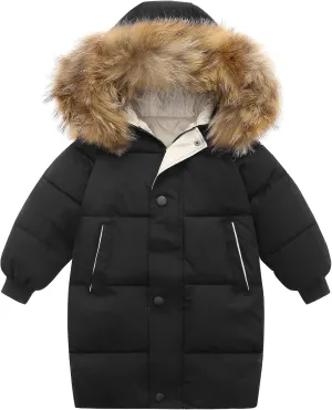 Happy Cherry Lightweight Down Jacket for Girls Windproof Hooded Winter Thermal Warm Outerwear Solid Cute Puffer Down Coat with Fur Trimmed Hood