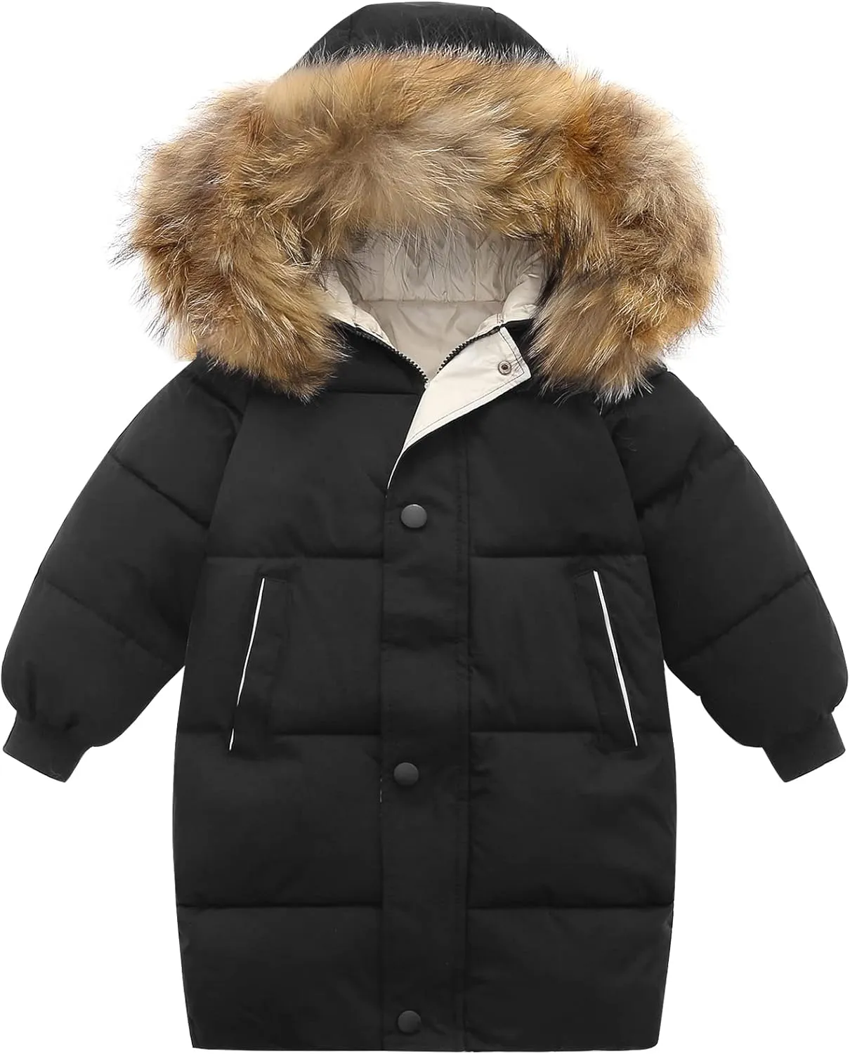 Happy Cherry Lightweight Down Jacket for Girls Windproof Hooded Winter Thermal Warm Outerwear Solid Cute Puffer Down Coat with Fur Trimmed Hood