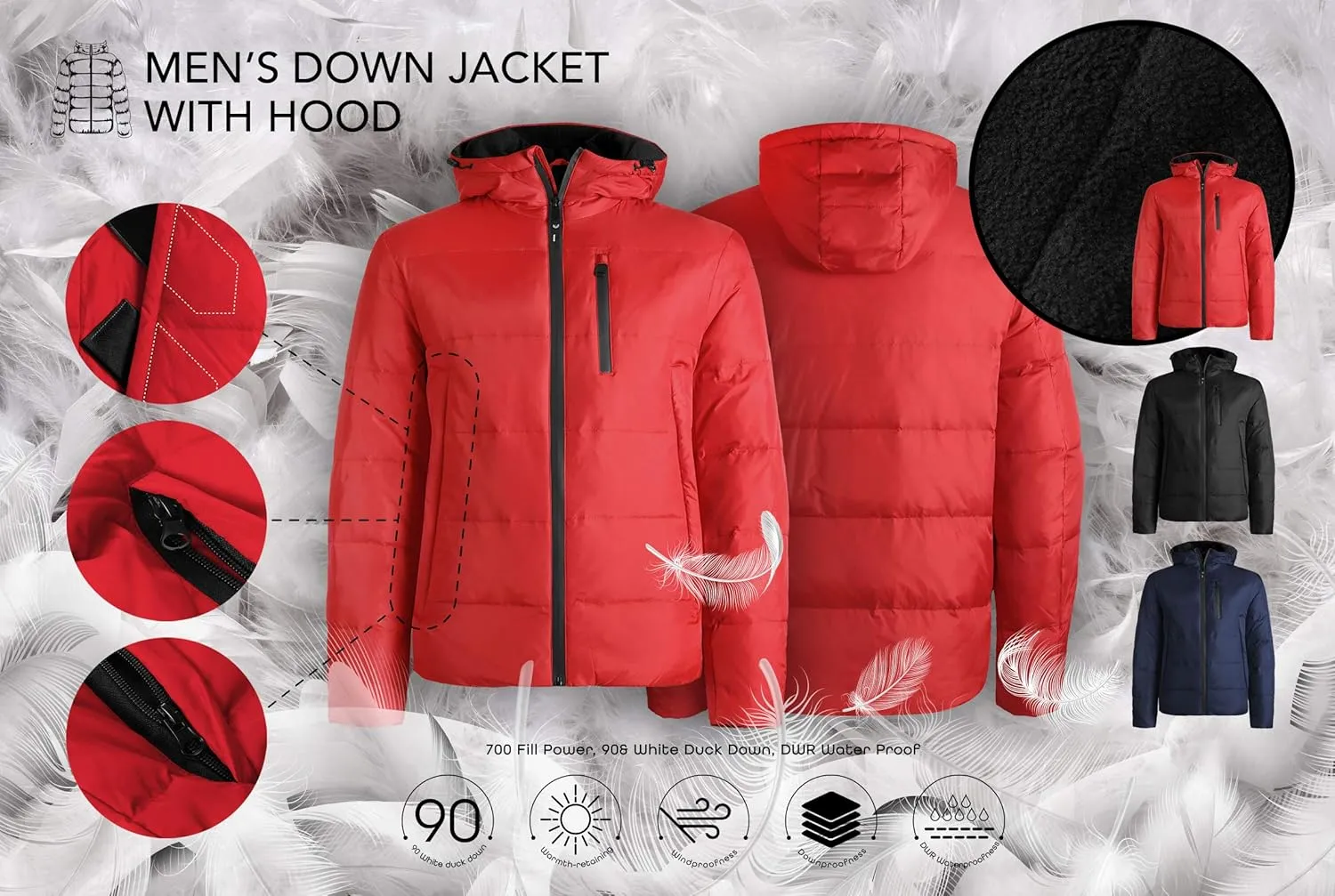 Hat and Beyond Mens Warmth-Retaining Waterproof Down Coat Hood Zipper Pocket